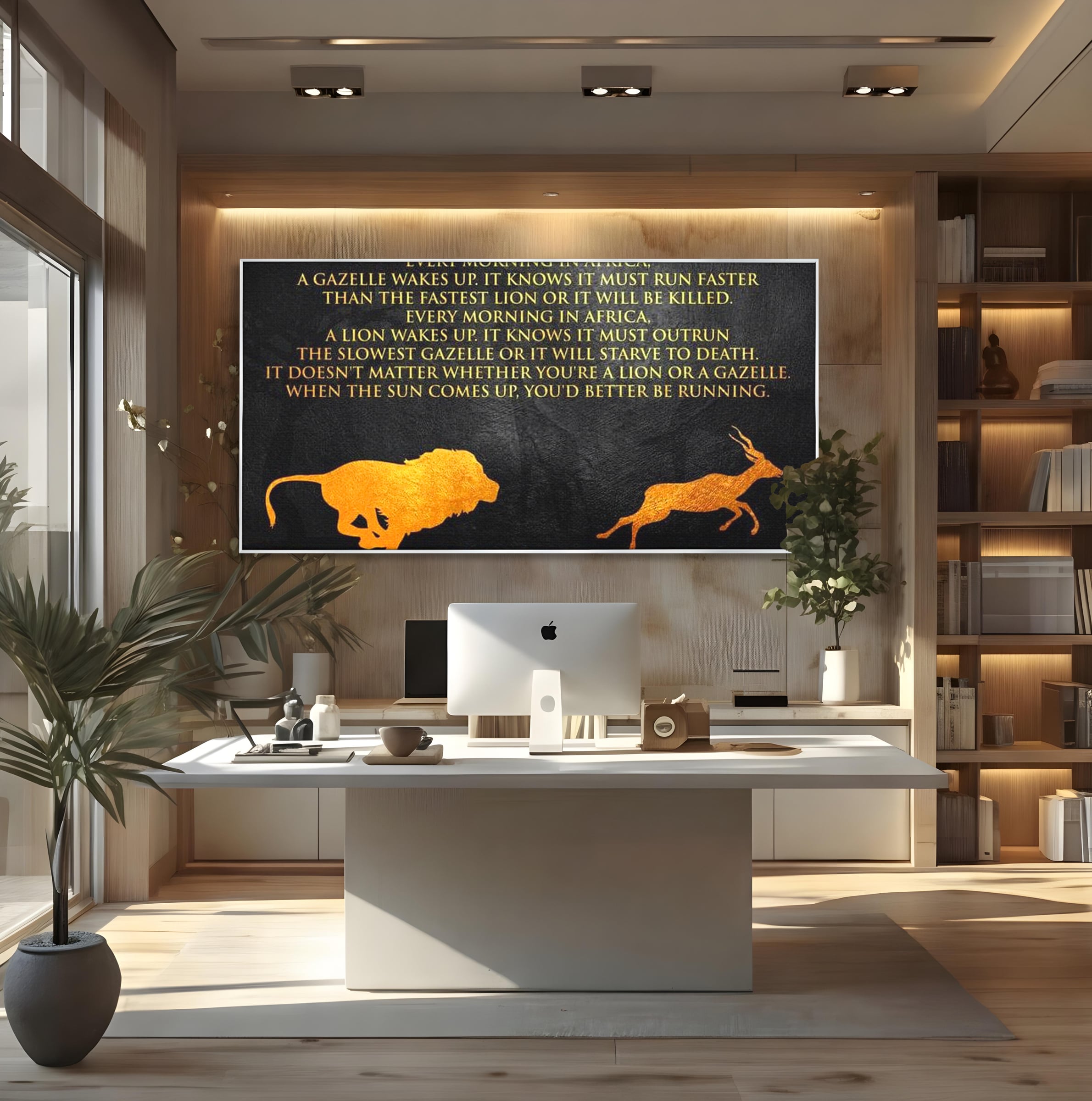Tablou canvas cu tablou motivational cu leu si gazela, in rama de aluminiu argintiu, pe perete intr-un birou